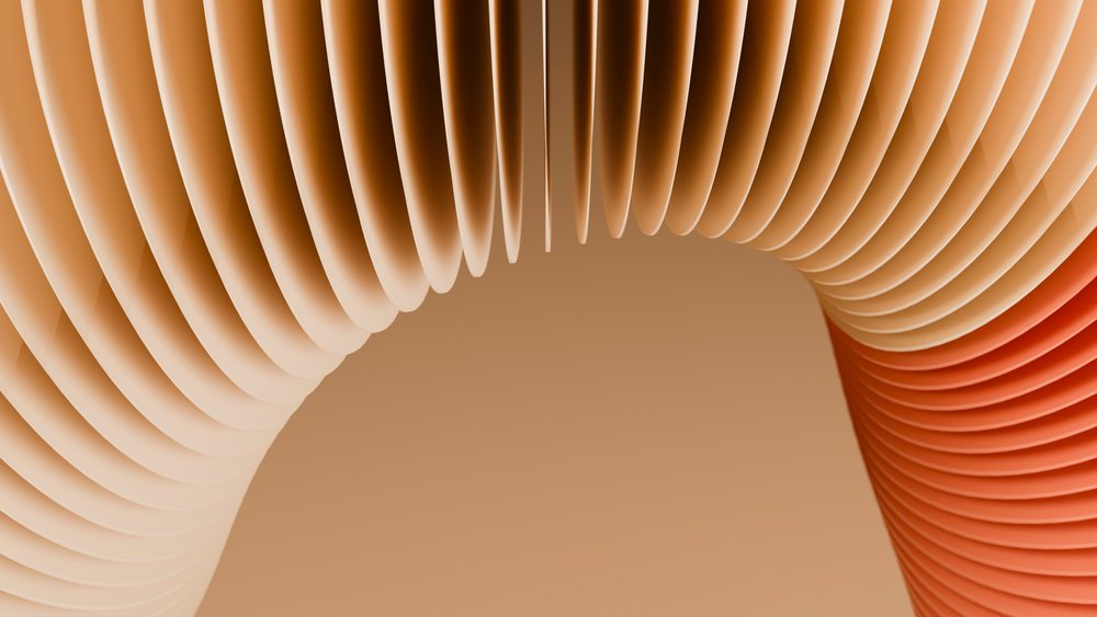 3D abstract digital illustration featuring smooth, flowing curved rib-like structures in beige and orange gradient tones forming a floating loop.