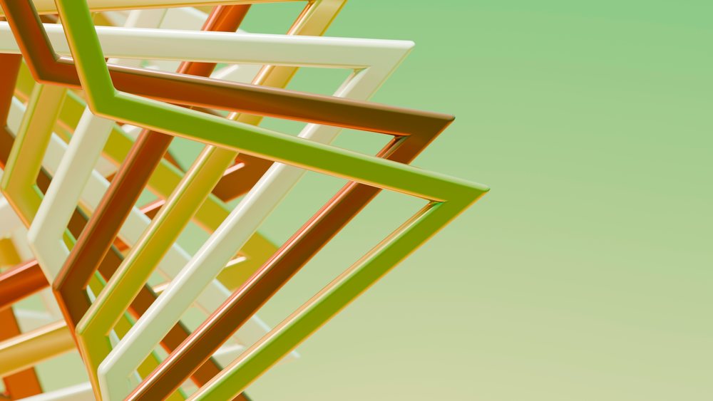 Abstract digital illustration of intersecting 3D geometric shapes in orange, green, and white on a gradient background.