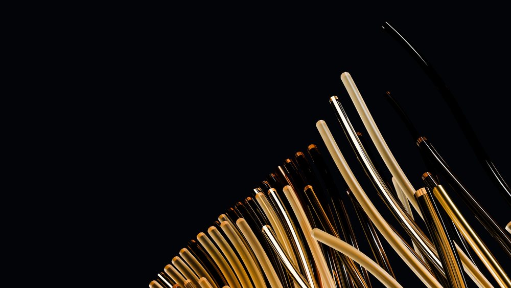 Abstract digital artwork of curved gold and beige reflective metallic tubes on a black background.