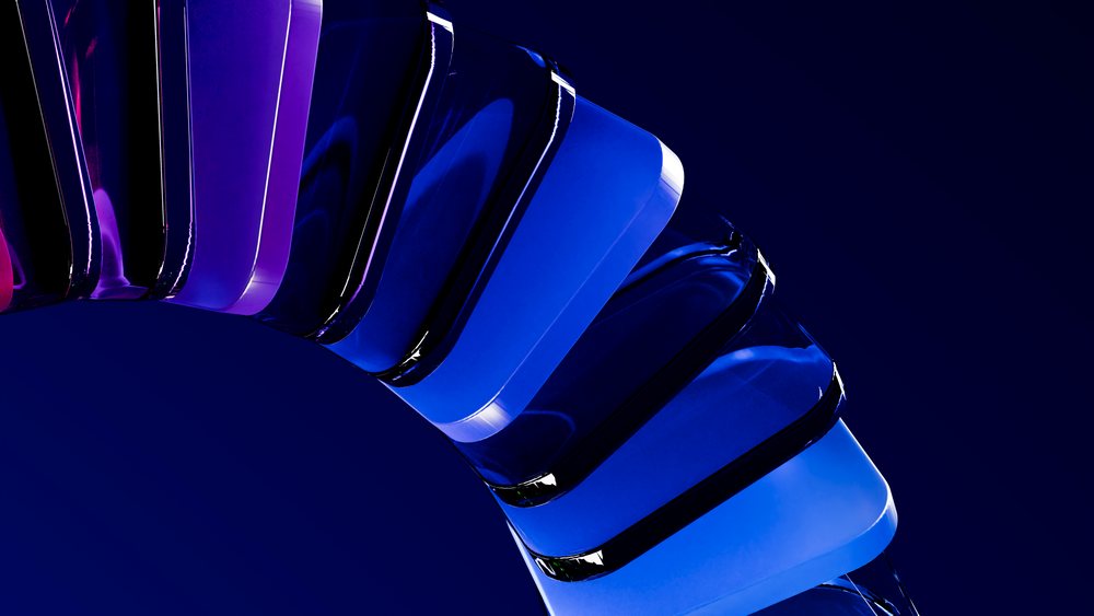 Digital illustration of abstract curved glass shapes with blue and purple gradients.