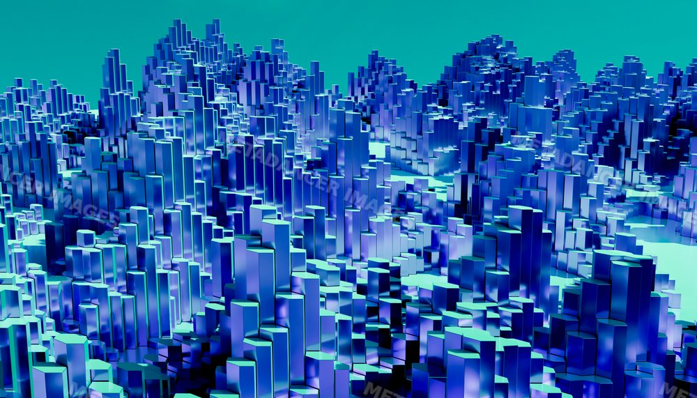 Abstract digital landscape made of blue hexagonal 3d columns