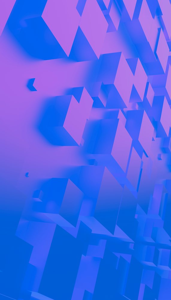 Abstract digital artwork of floating 3D cubes with a blue and purple gradient background.