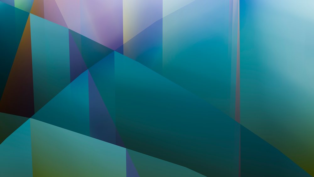 Abstract geometric shapes featuring translucent blue, teal, and purple layers overlapping in a modern digital art composition.
