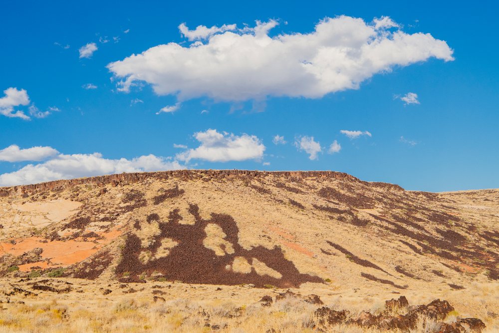 Rock cliffs and dry grass form an arid desert landscape under a blue sky with white clouds at red Cliffs Desert State Park, Snow Canyon, Utah, USA.