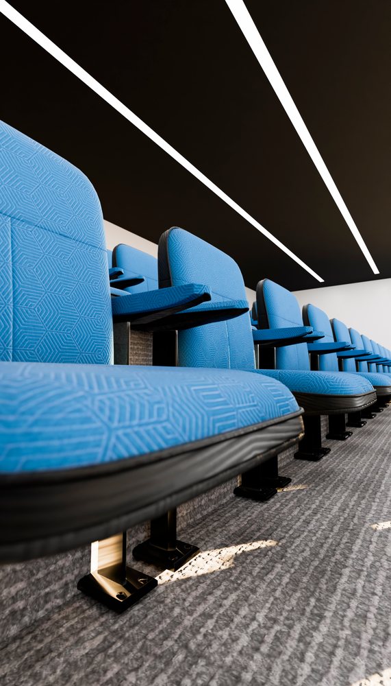 Blue upholstered chairs with folding armrests are arranged in rows on a carpeted floor inside a modern lecture hall.