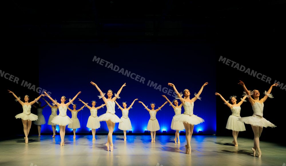 Ballet dancers perform a choreographed routine in white tutus on stage