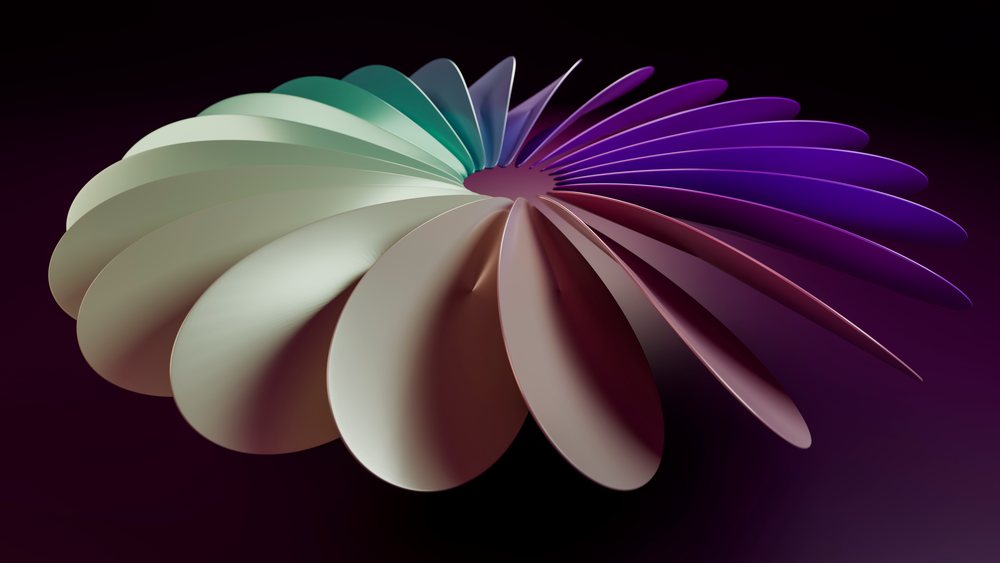 Abstract multicolor spiral sculpture with curved layered forms arranged concentrically against a dark background.