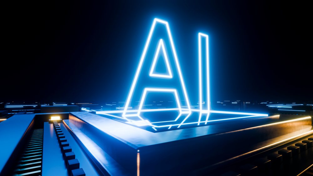Glowing AI letters illuminate a futuristic digital microchip.