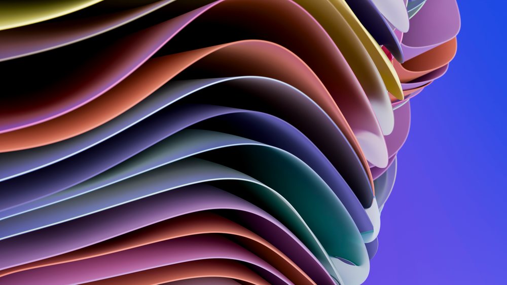 Colorful abstract curves with smooth layered shapes and flowing wave pattern on a gradient blue background.