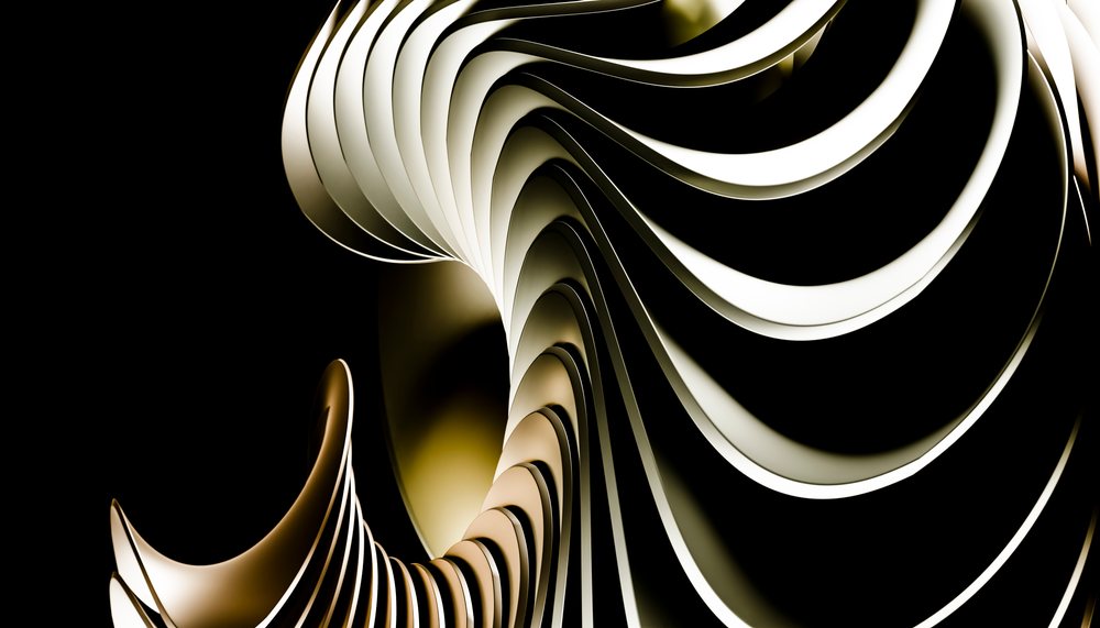 Abstract digital artwork displaying curved, flowing shapes with gradient lighting against a black background.