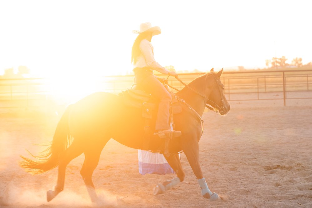 Rider wearing a cowgirl hat rides a horse with hoof wraps in an outdoor arena at sunset, Southwest USA.