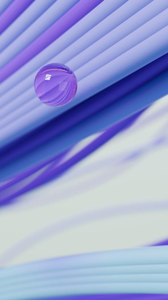 Purple spherical orb floats amidst blue curved tubular shapes in a 3D abstract digital art composition.