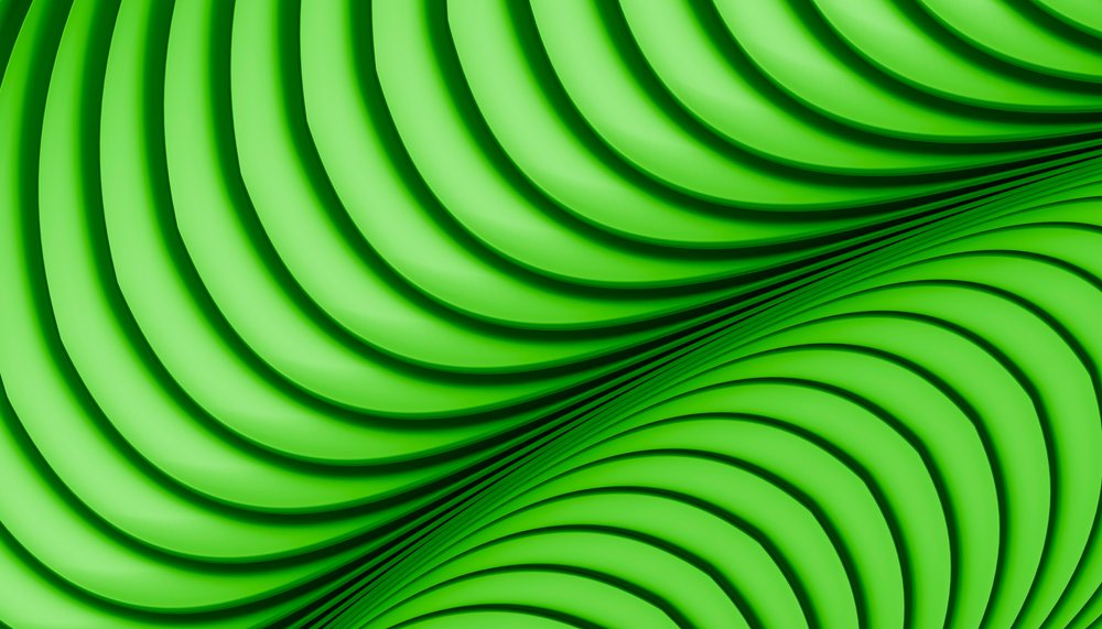 Digital 3D green abstract design with smooth curved waves forming a symmetric flowing surface texture.