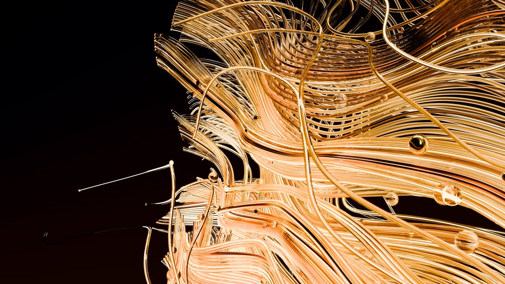 Abstract three-dimensional glass sculpture features golden illuminated curved tubes and flowing shapes against a black background.