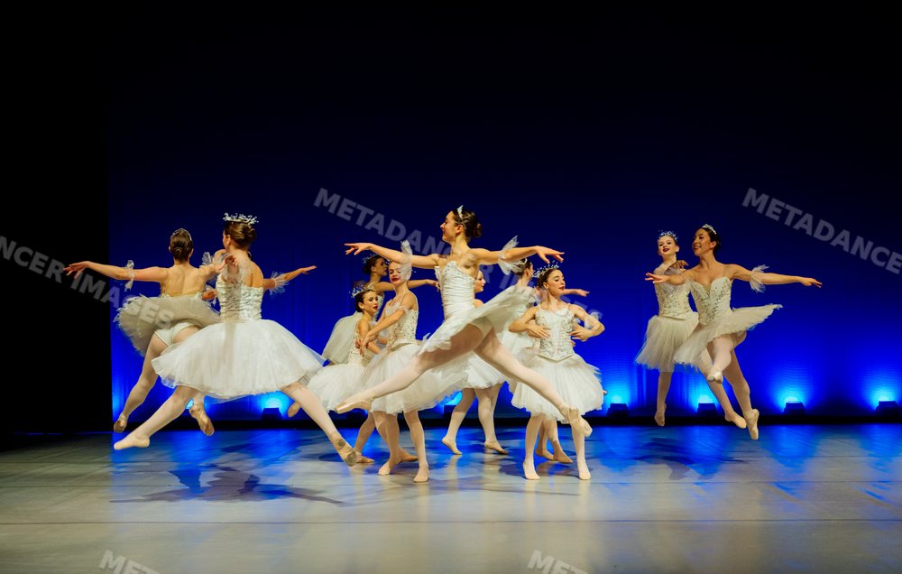 Ballet dancers perform a group routine in white tutus on stage