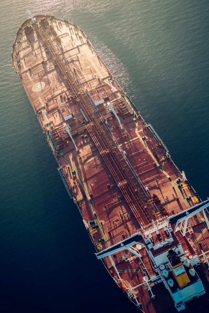 Oil tanker ship with detailed deck structures on open water in the Port of Long Beach, California, CA, USA.