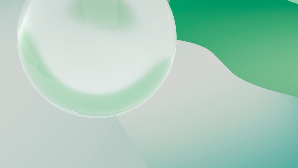 Abstract 3D illustration of a reflective glass sphere casting a shadow on smooth green and white gradient surfaces.