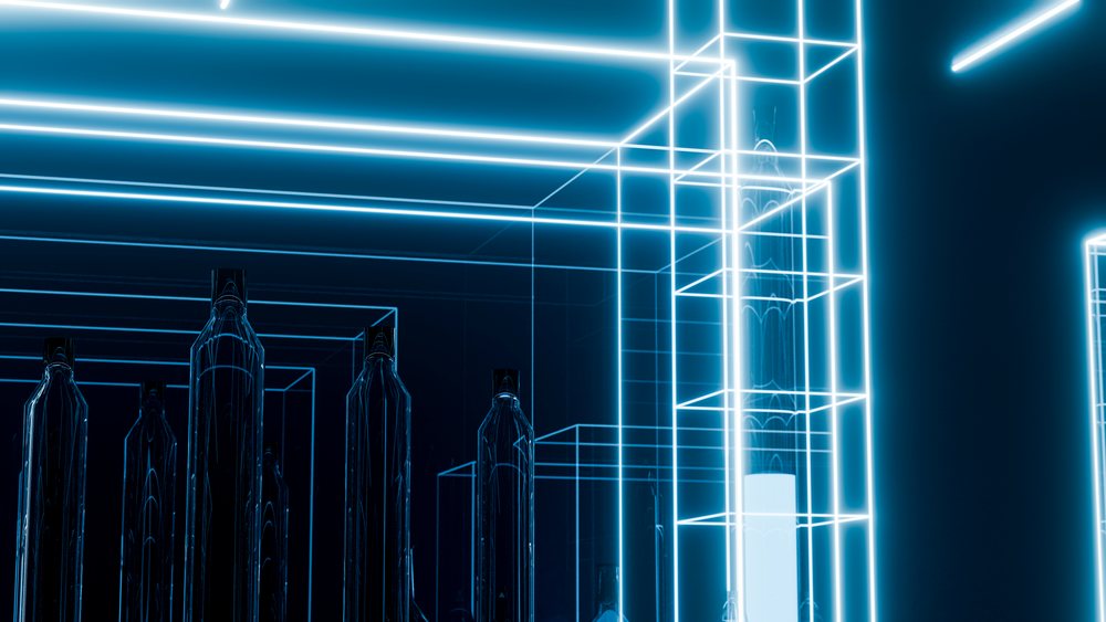 Multiple transparent glass bottles arranged vertically on blue neon illuminated shelves in a dark modern room with reflective surfaces.