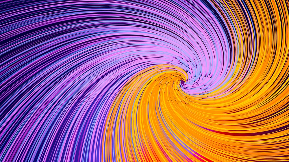 Colorful abstract swirl pattern with dynamic orange, purple, and blue curved lines in digital art style.