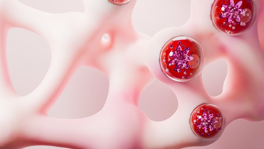 3D digital illustration of a pink structure with smooth texture and red translucent spheres containing purple star shapes on a soft pink background.
