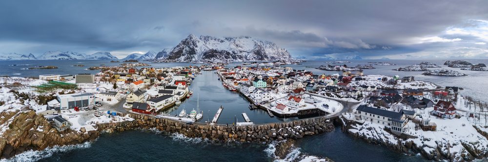 Aerial view of the town of, Landscape, Henningsvaer, Lofoten, Norway.