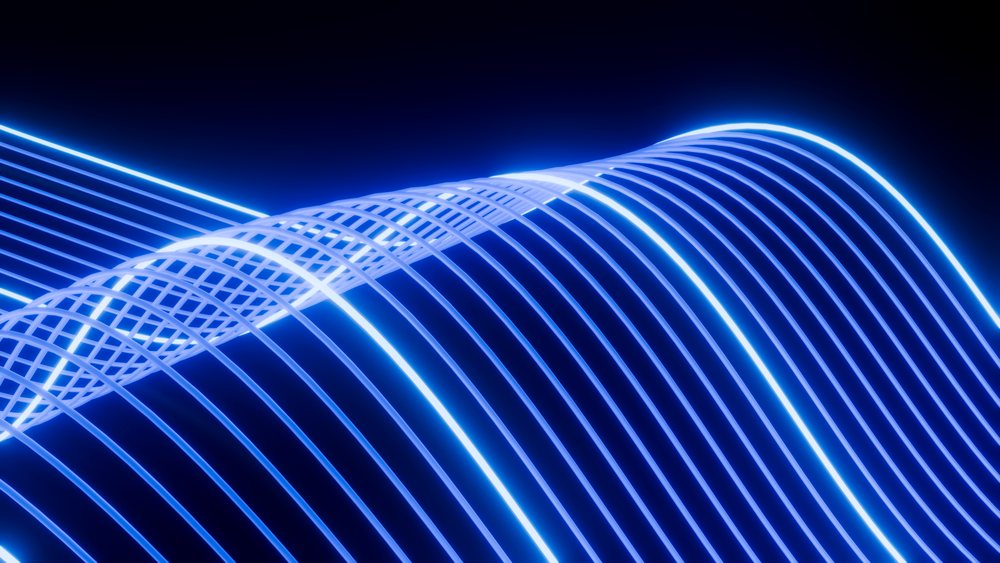 Blue neon curved lines form a wave pattern on a dark background in a futuristic abstract digital illustration.