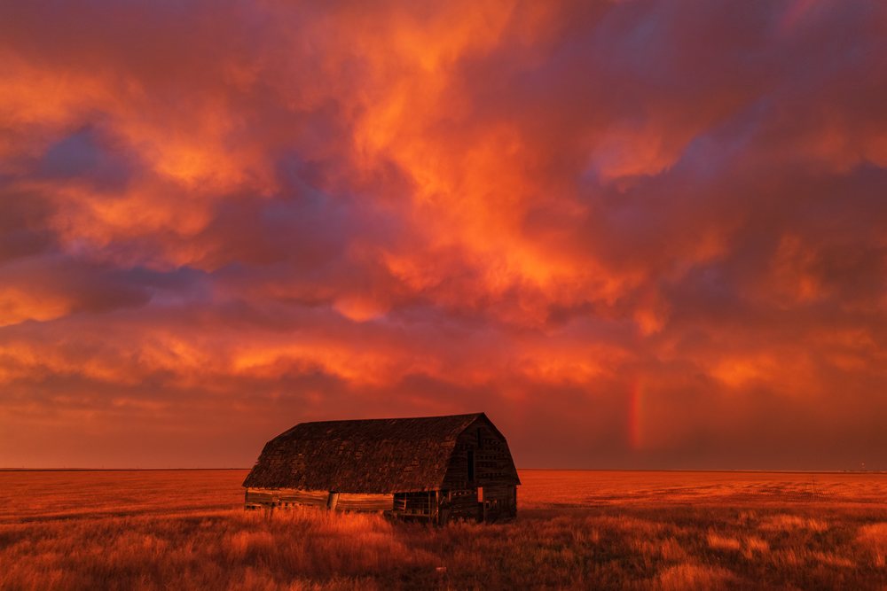 Old barn in a grassy field under a colorful Sunset sky with a Rainbow and storm clouds, Storm Chasing, Weather, Environment, Eva, Oklahoma, USA.