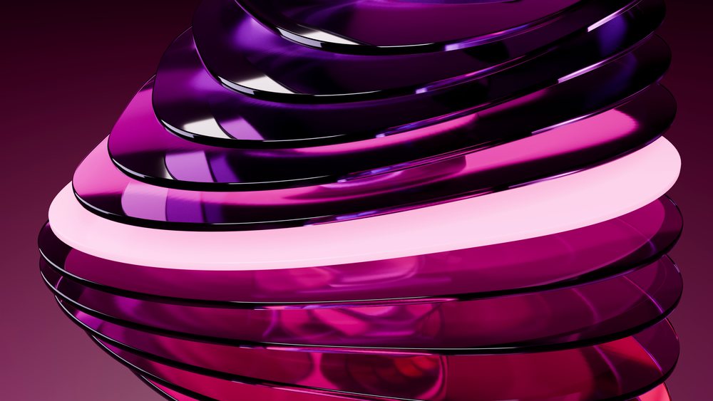 Stack of multiple glossy purple rounded layers with smooth reflective surfaces in a 3D digital illustration.