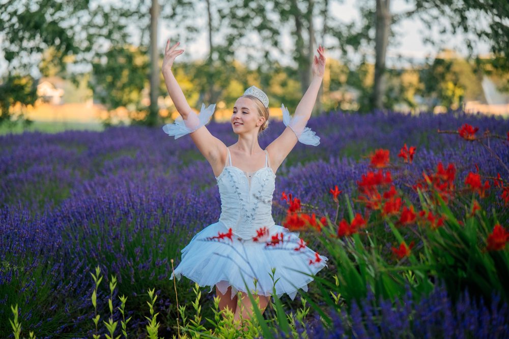 A ballerina in a white tutu and sparkling crown strikes a graceful pose amid a colorful lavender and red flower field, WA, USA.