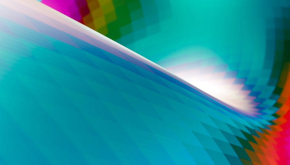 Abstract blue wave with pixelated texture and colorful light reflection on a curved surface.
