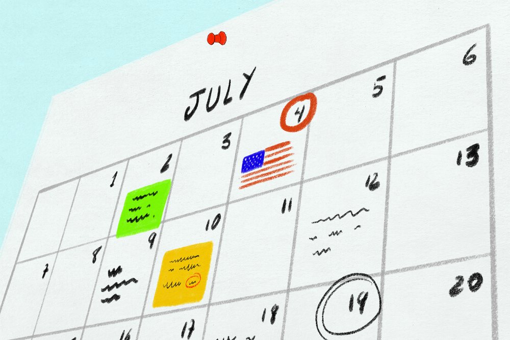 calendar page for july with the the fourth of july date circled in red and marked with a flag illustration.