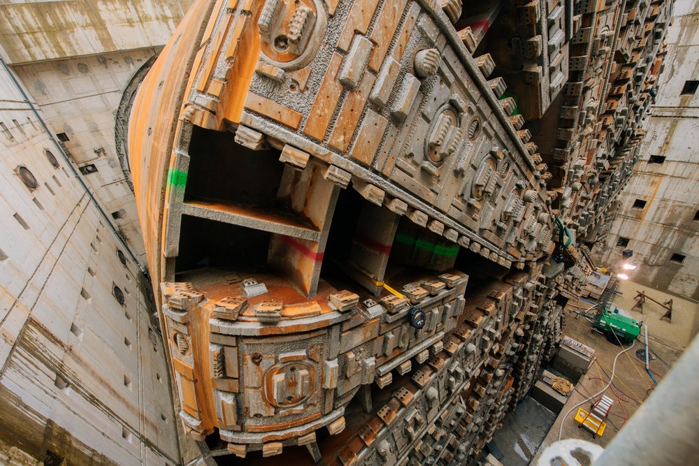 Close-up of a tunnel boring machine used for drilling in a construction site, USA.