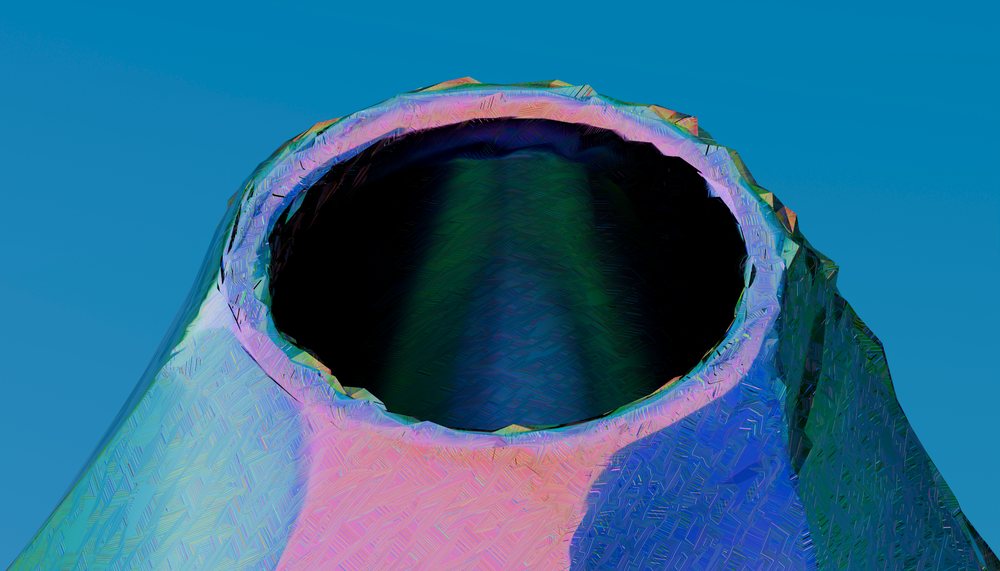 Close-up of the end of a round steel pipe with textured surface against a blue sky.