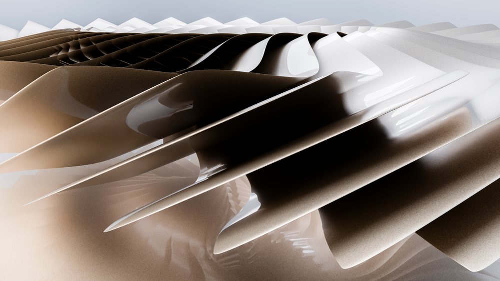 Abstract digital illustration showing brown and white layered wave forms with a smooth, glossy texture and curved shapes.