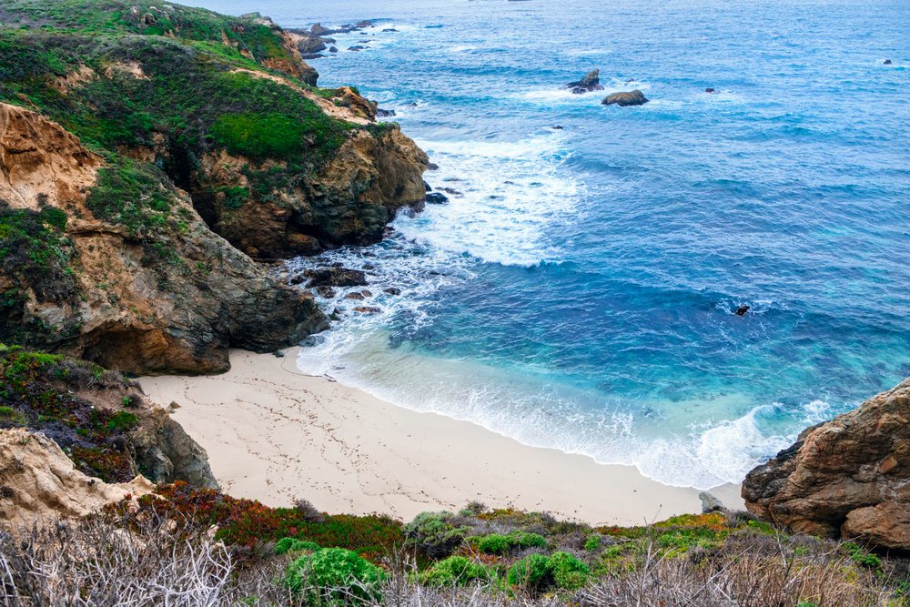Waves crash on a rocky coast with a sandy beach and green vegetation, California, USA.