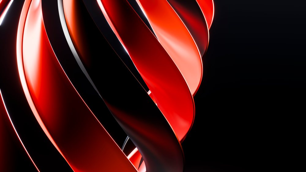 Red twisted and curved ribbons with glossy surfaces form an abstract modern sculpture against a black background in a digital illustration.