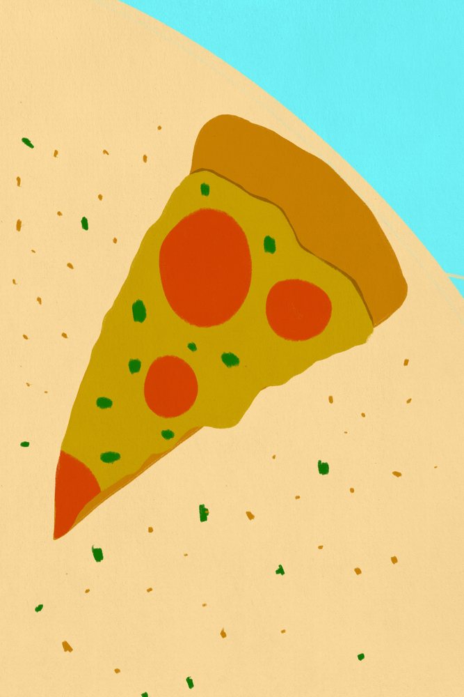 Illustration of a slice of pepperoni pizza with cheese, green herbs, and crust on a textured background.