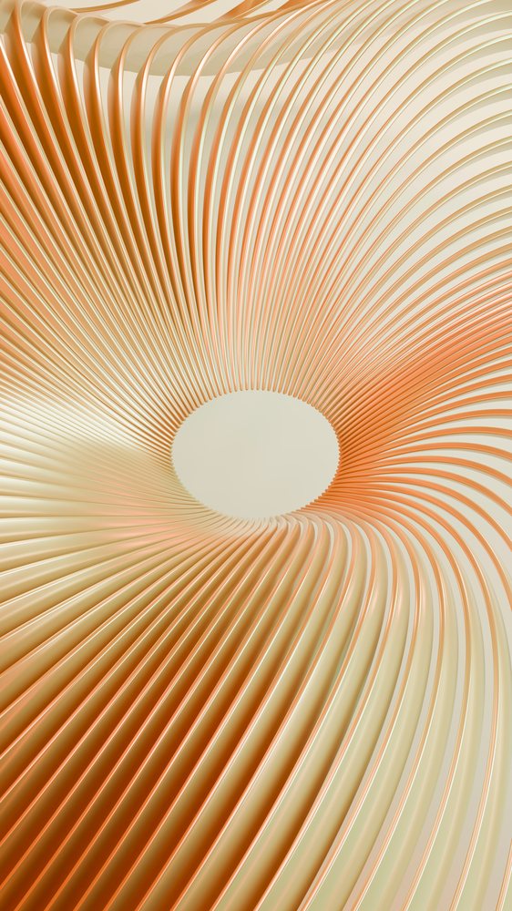 Abstract 3D rendering of concentric orange and cream rings forming a smooth spiral with a hollow circular center.