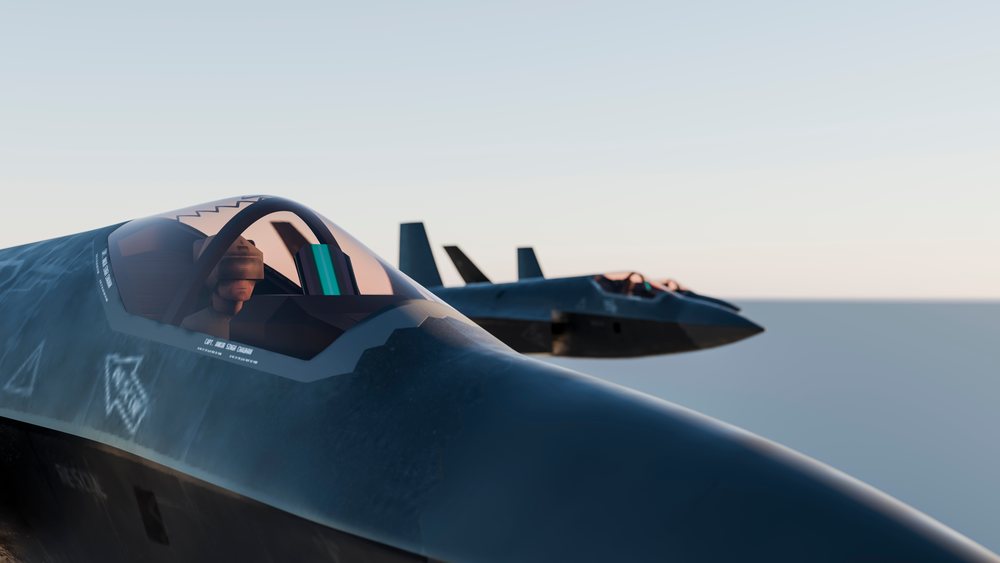 Two black fighter jets fly in clear sky with visible pilots in their cockpits during daytime operation, defense, war, security, military.