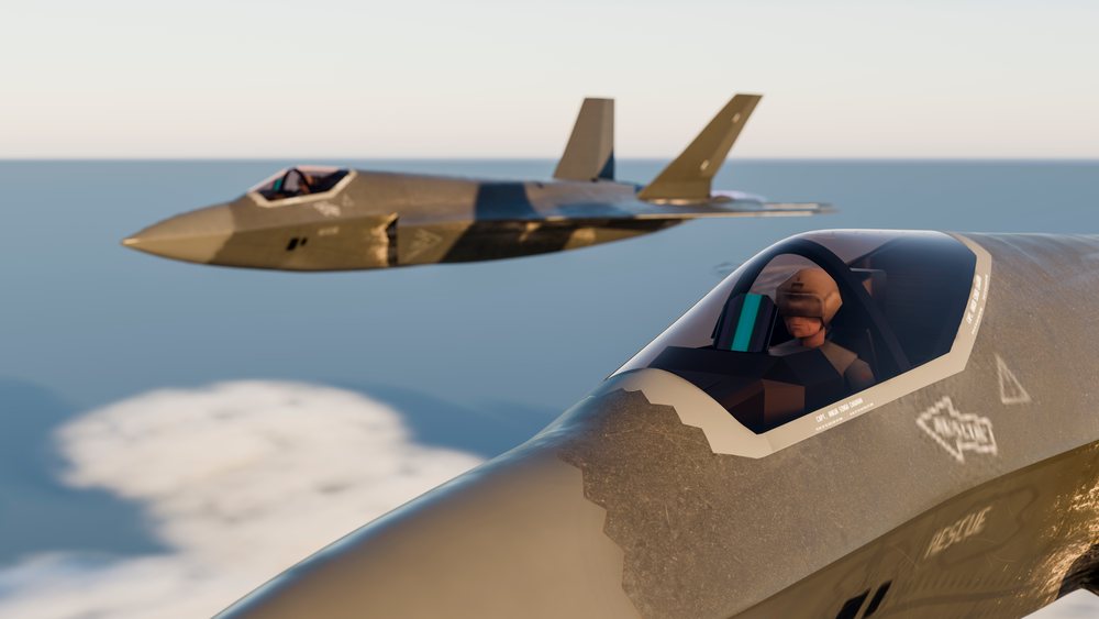 Two fighter jets fly at high altitude with pilots wearing helmets visible inside cockpits above clouds, defense, war, security, military.