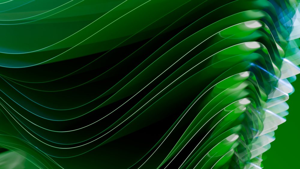 Abstract green layered curved shapes create a flowing and modern digital art design.