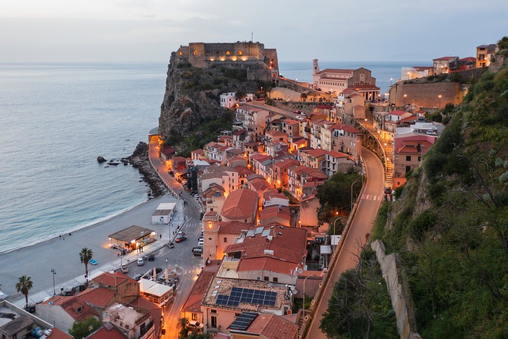 Dusk view of Scilla coastal town, Calabria, Italy.