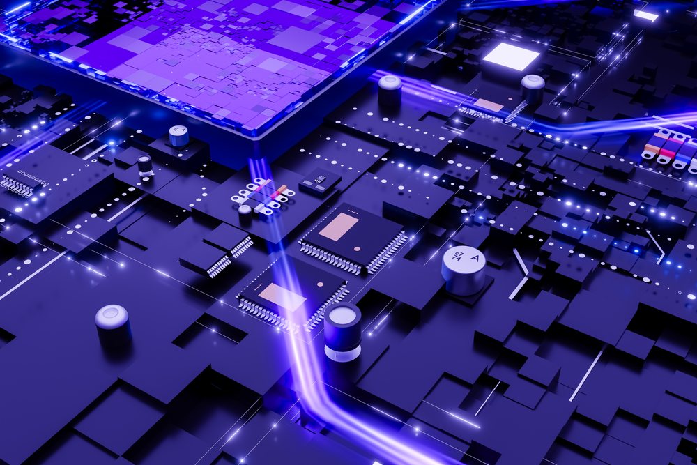 Circuit board with illuminated microchips and electronic components in an abstract render background.