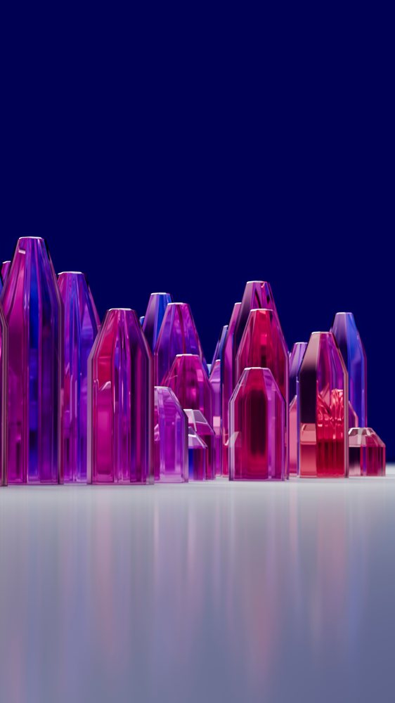 Cluster of pink and purple faceted crystals on a reflective surface with a blue background in a 3D illustration.