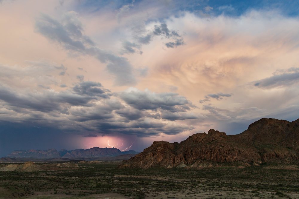 Lightning strikes over the Chisos Mountains during a storm in Big Bend National Park, Landscape, Wildlife, Study Butte, Texas, USA.