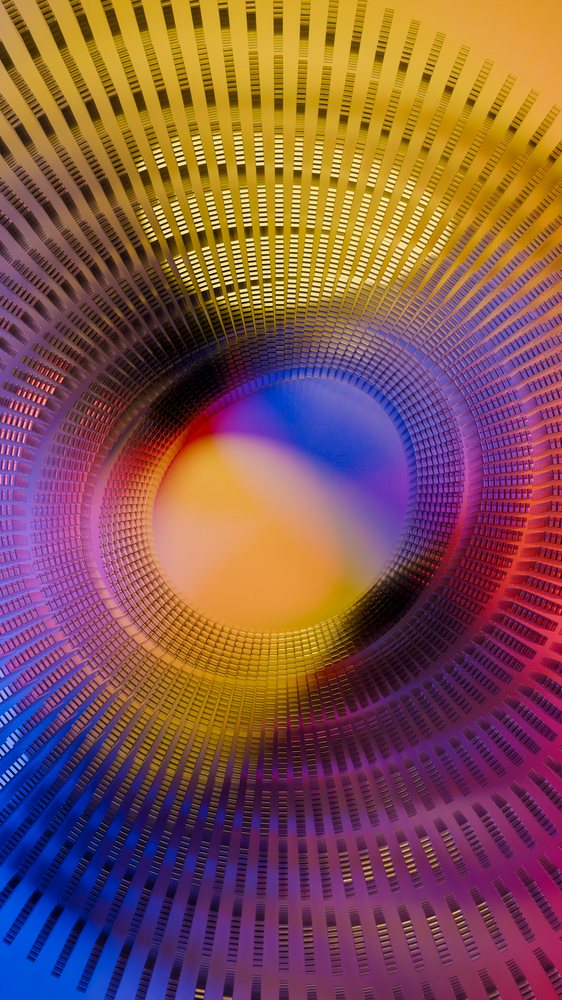 Vibrant digital illustration of a spiral composed of concentric rectangular shapes with a 3D layered effect and colorful gradients.