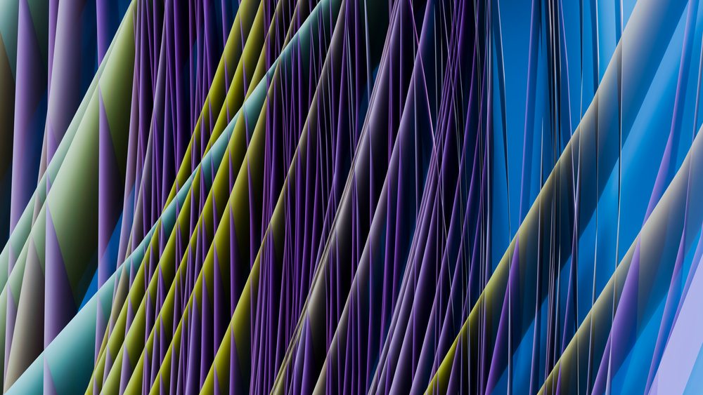 Abstract digital design featuring colorful intertwined diagonal lines in blue, purple, and yellow tones creating a woven pattern.