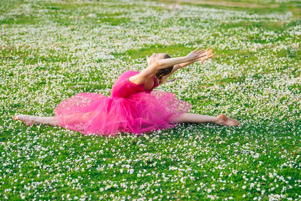 Ballet dancer in pink tutu performs a split stretch on a daisy-covered grass field outdoors, USA.