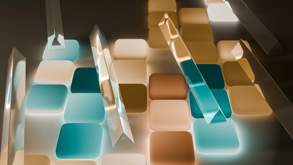 Abstract digital illustration of translucent geometric glass prisms over glowing blue and brown rounded rectangles.