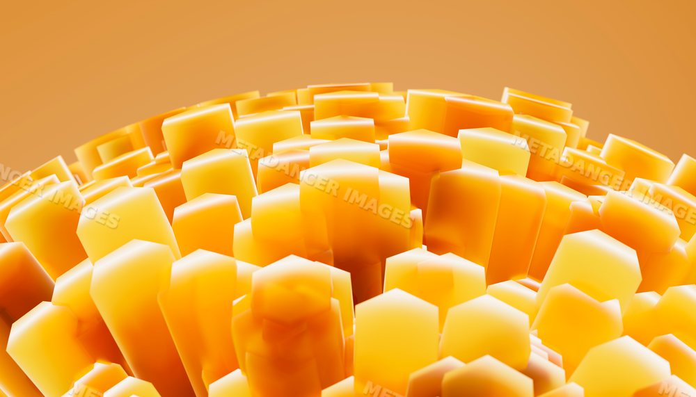 3d rendering of clustered orange hexagonal prisms forming an abstract